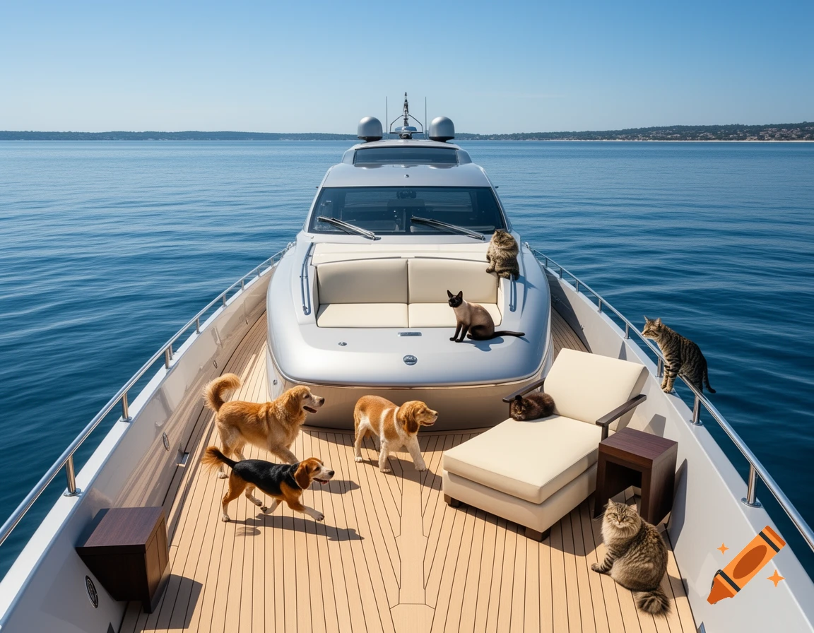 Various dogs and cats relaxing on the wooden deck of a luxurious yacht sailing on clear blue water under a bright sky.