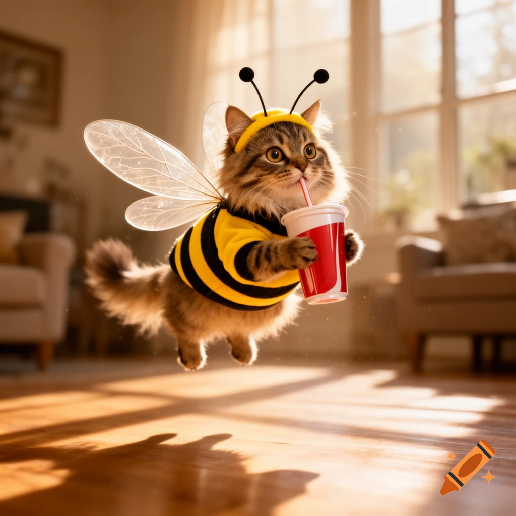 A fluffy tabby cat in a bee costume with antennae and wings floats above a wooden floor, drinking from a red cup.