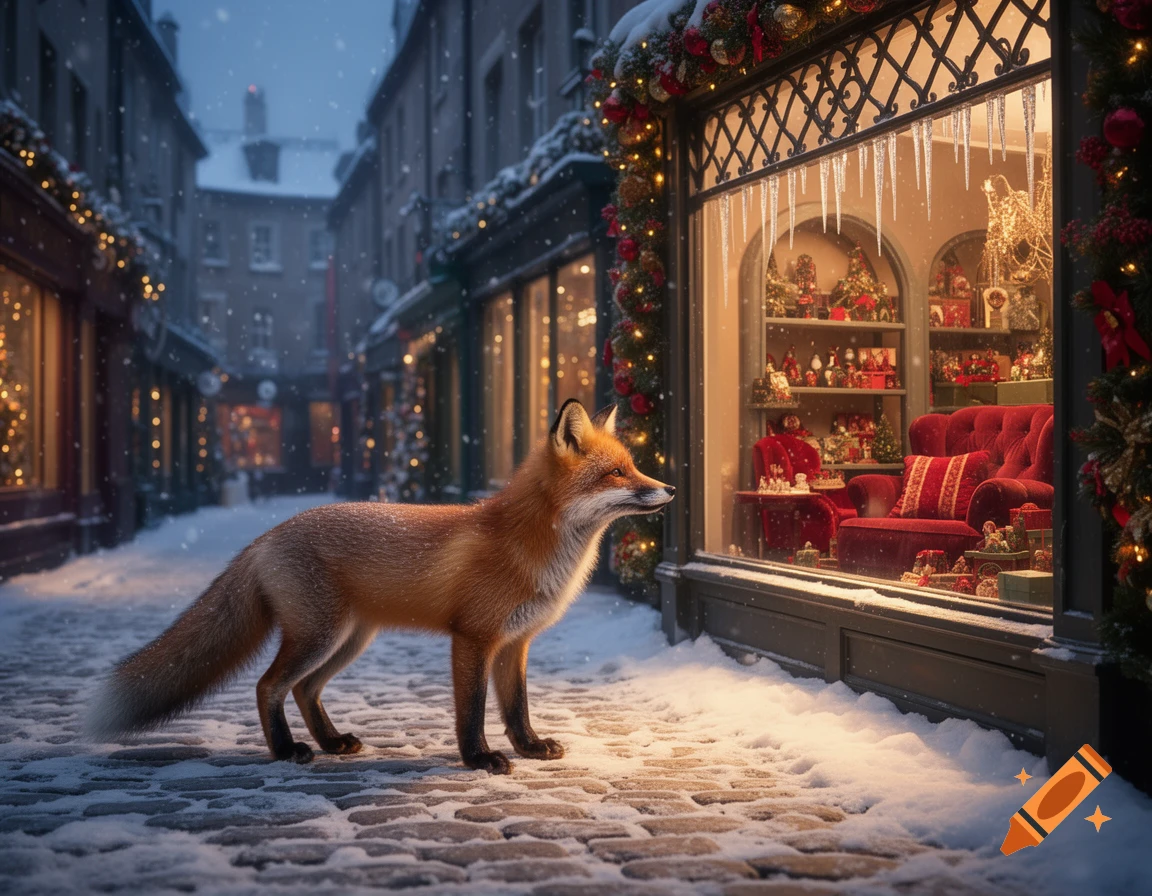 A red fox stands on a snowy cobblestone street, looking into a warmly lit Christmas store window in a festive city at night.