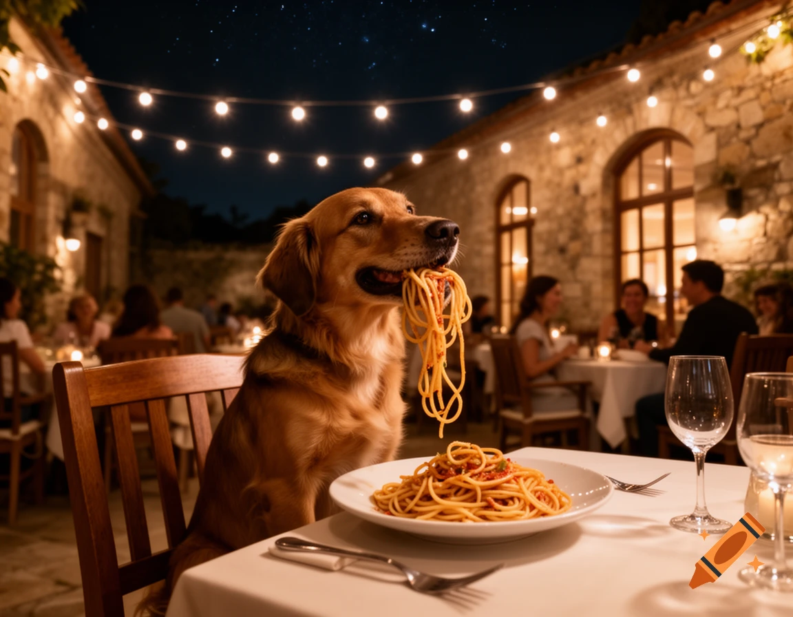 A happy golden retriever sits at a table outside a restaurant at night, eating spaghetti from a plate.