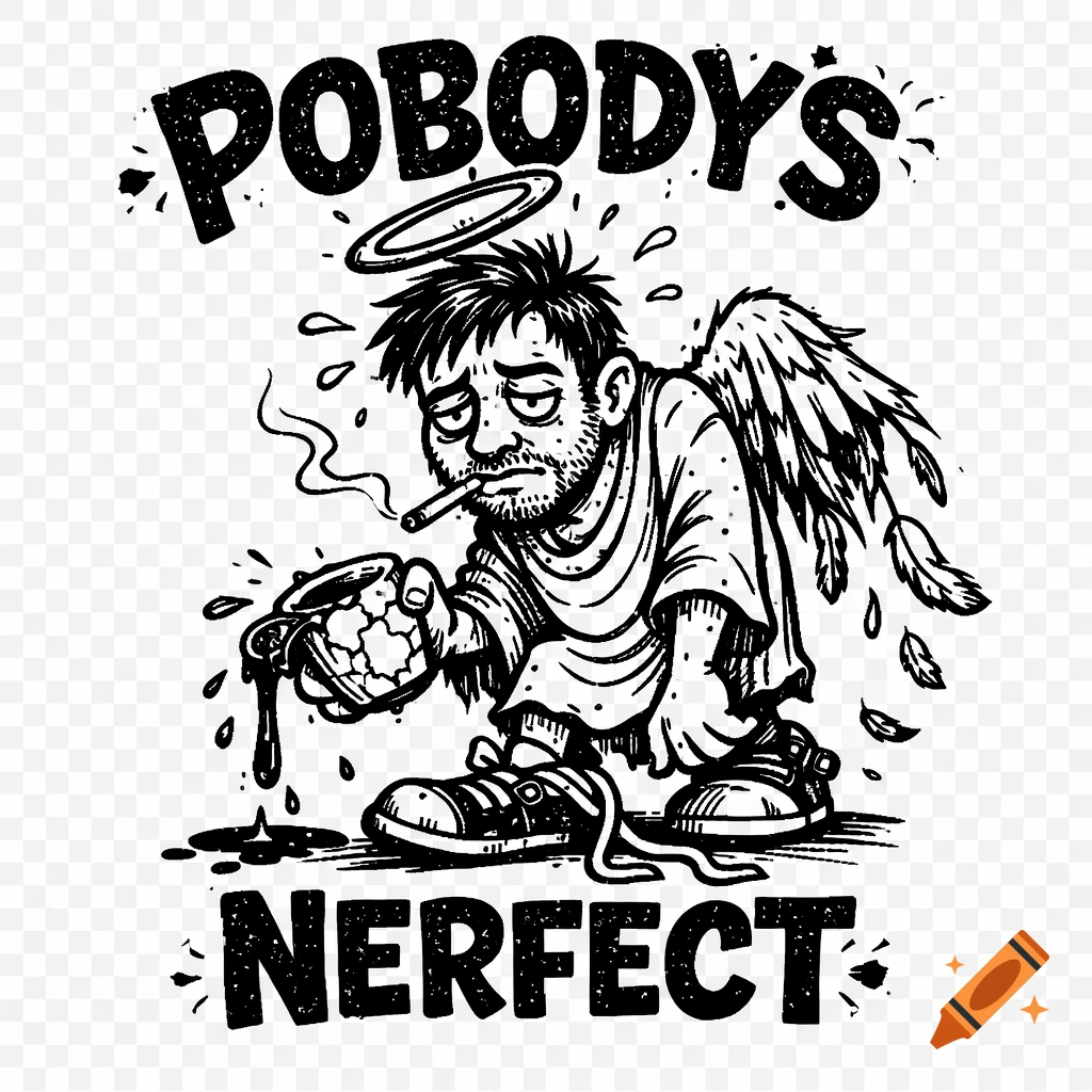 Black and white cartoon of a scruffy, tired angel smoking and holding a broken coffee mug, with 'POBODY'S NERFECT' text.