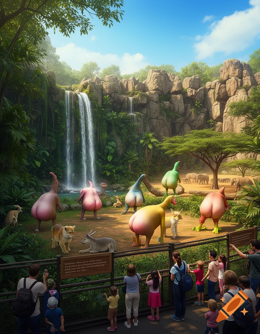 A surreal zoo scene with anthropomorphic, colorful butt-shaped creatures being observed by families in front of a waterfall.