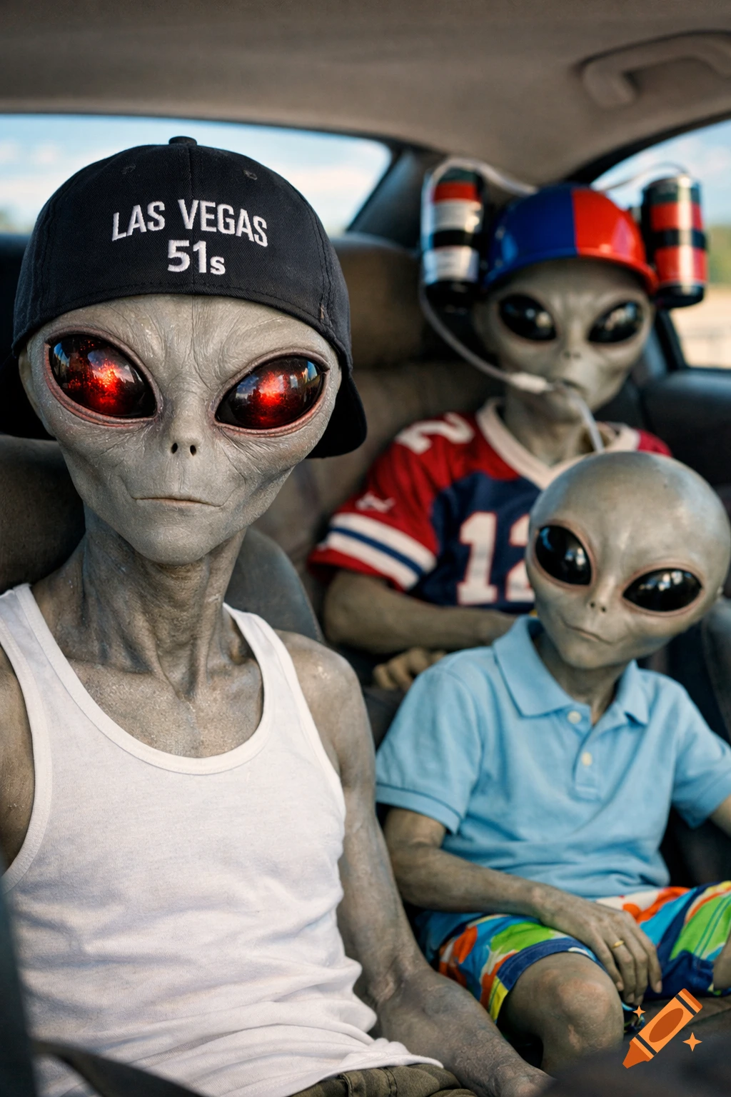 Photorealistic image of three grey aliens in a car. One wears a Las Vegas 51s cap and tank top, another a polo and board shorts, and the third a beer bong hat and football jersey in the back seat.