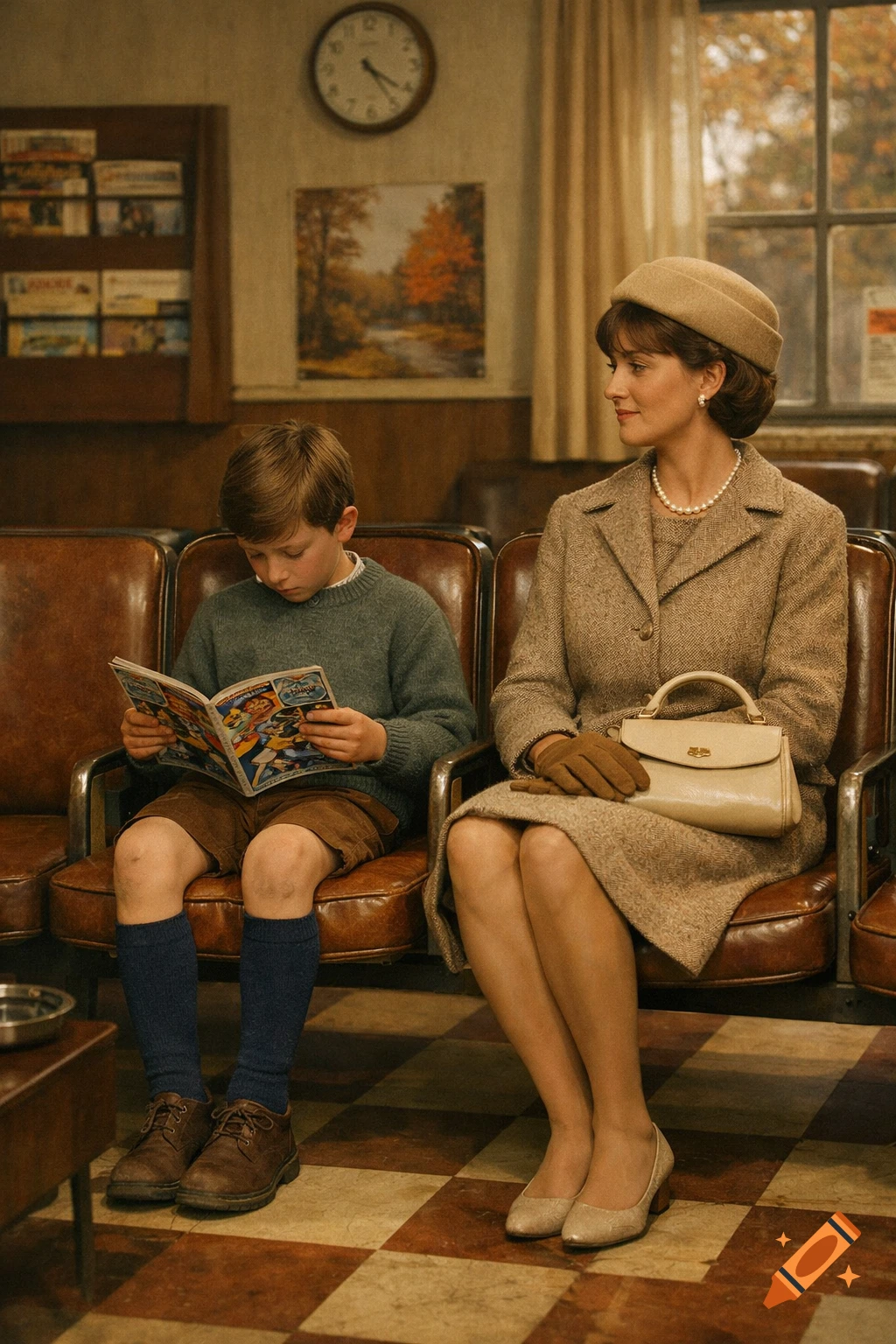 A boy reads a comic next to a woman in a 1960s waiting room, both dressed in vintage attire. Photorealistic style.