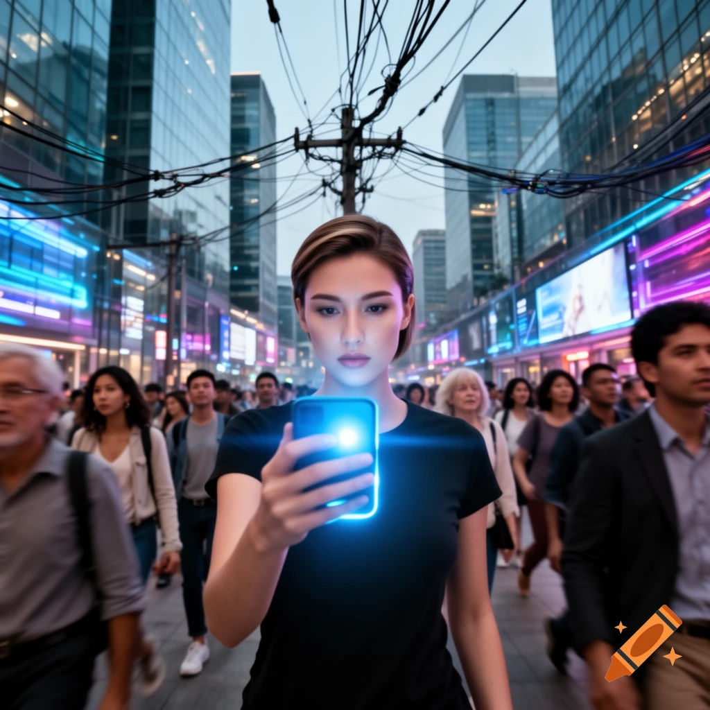 A woman looks at a glowing smartphone while walking through a busy, neon-lit futuristic city street with tall buildings.