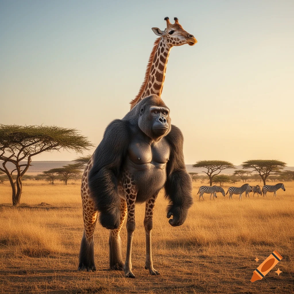 Photorealistic gorilla with a giraffe's head and neck stands in a golden savanna with acacia trees and zebras in the background.