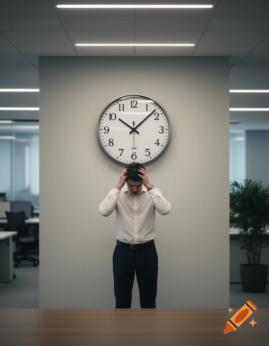 A distressed man in an office with hands in his hair, looking down while a large wall clock hangs above him, suggesting time pressure.