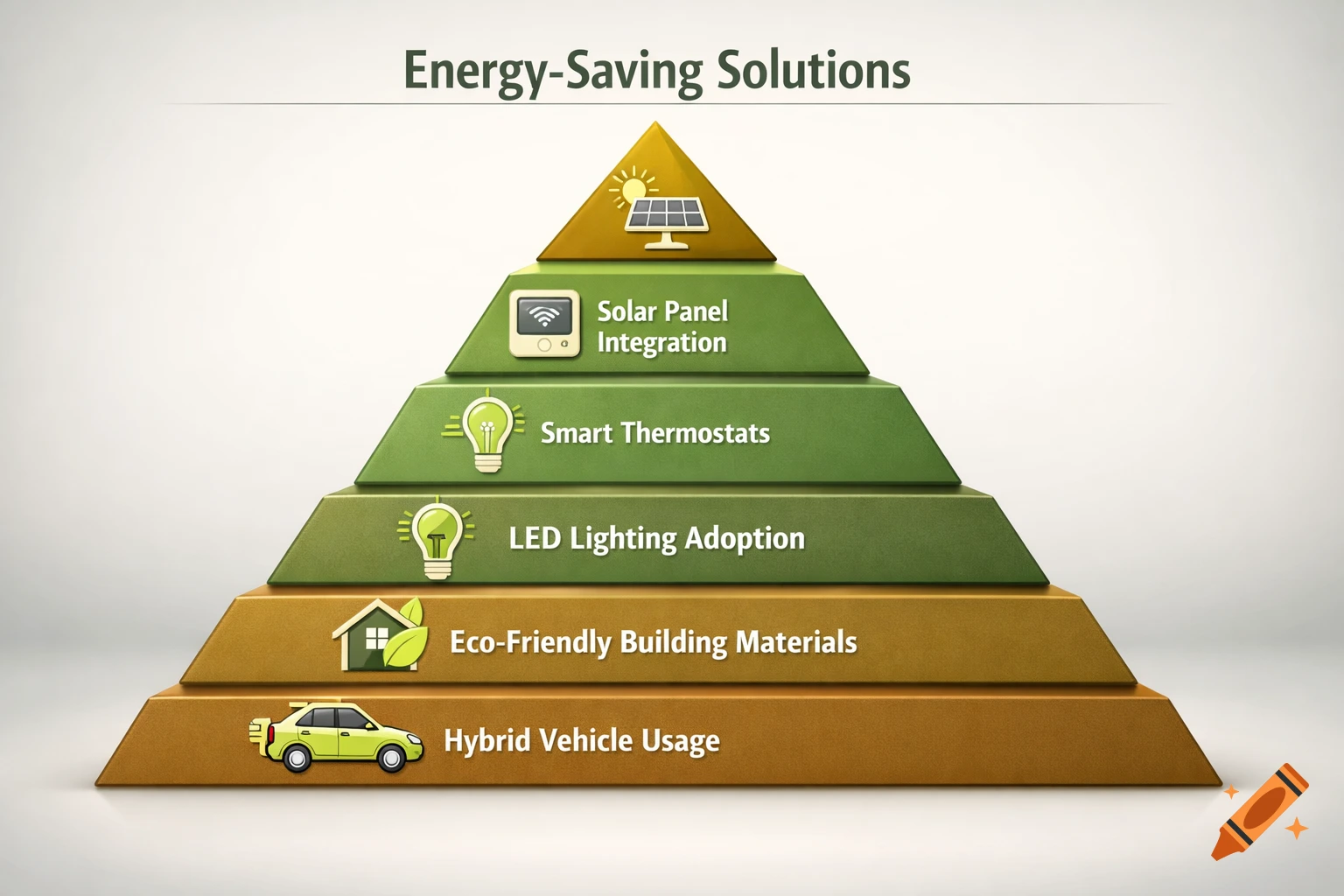 3D pyramid infographic outlining 5 energy-saving solutions: solar panels, smart thermostats, LED lighting, eco-friendly materials, and hybrid vehicles.