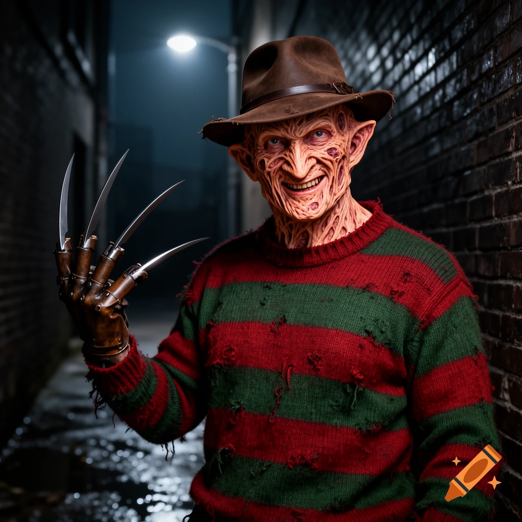 Photorealistic image of Freddy Krueger smiling menacingly in a dark alley, wearing his striped sweater and clawed glove.