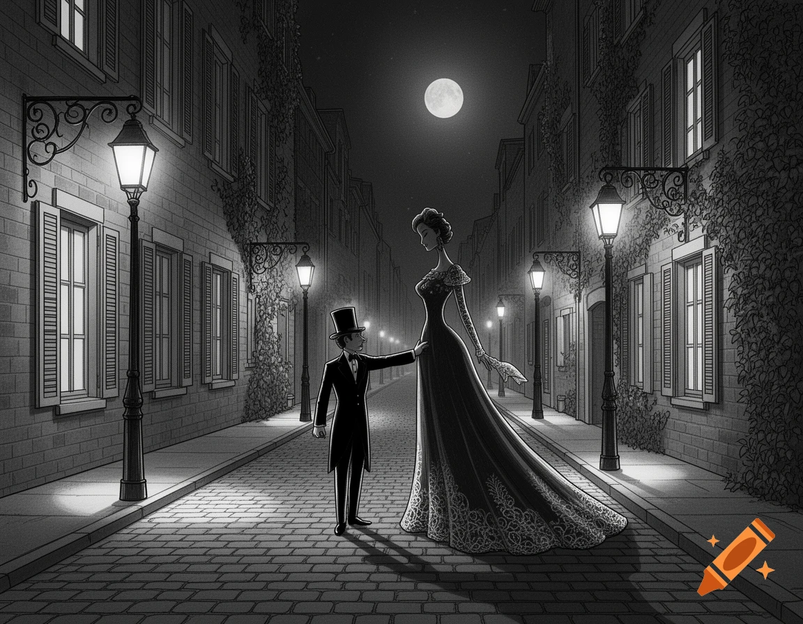 A stylized black and white illustration of a tiny man accompanying a towering woman down a cobblestone street at night under a full moon.