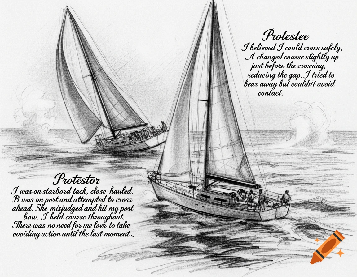 Pencil sketch of two sailboats on the water, with overlaid text describing a protest hearing scenario in sailing.