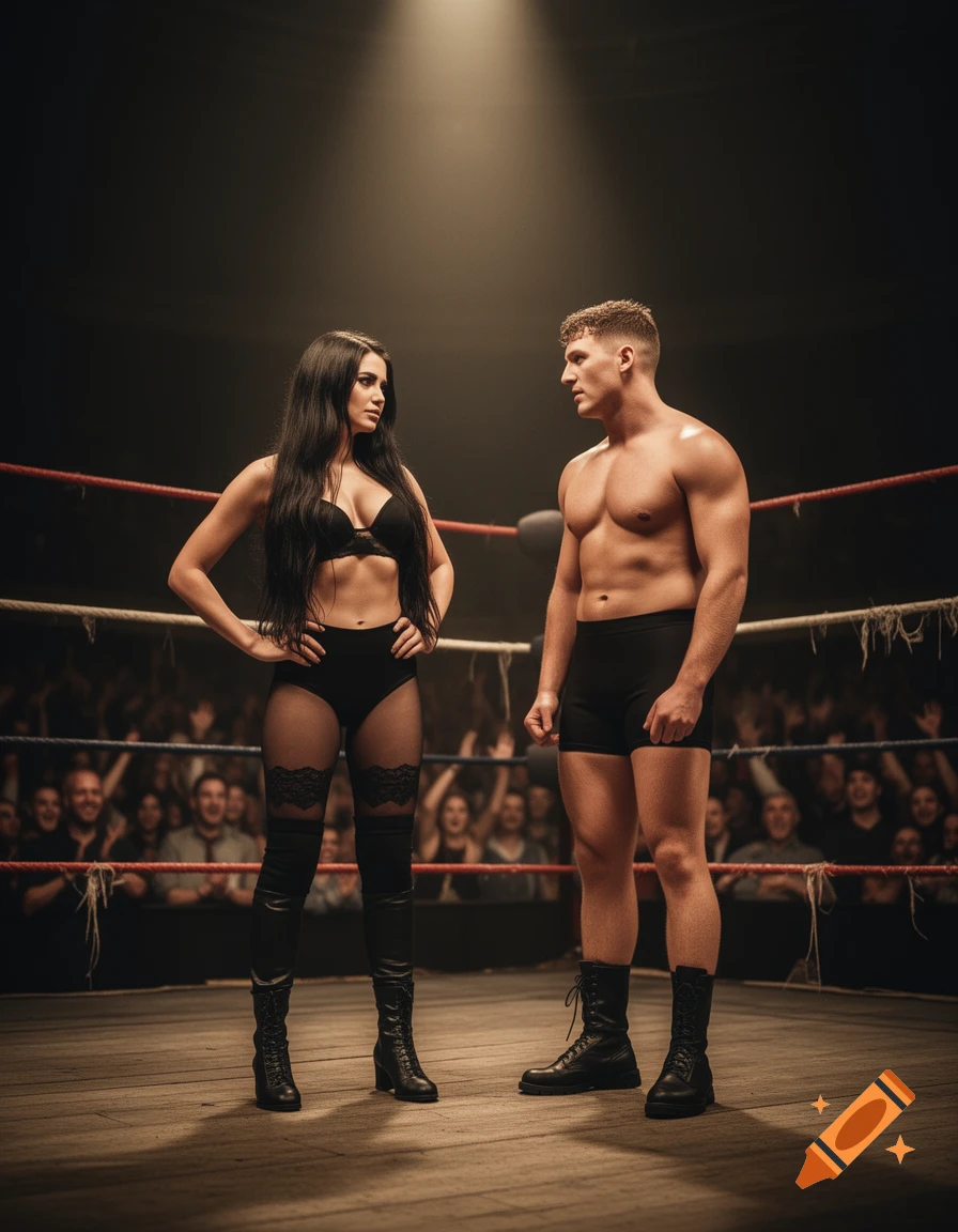 Photorealistic image of a male and female wrestler in black attire, standing respectfully in a wrestling ring before a match.