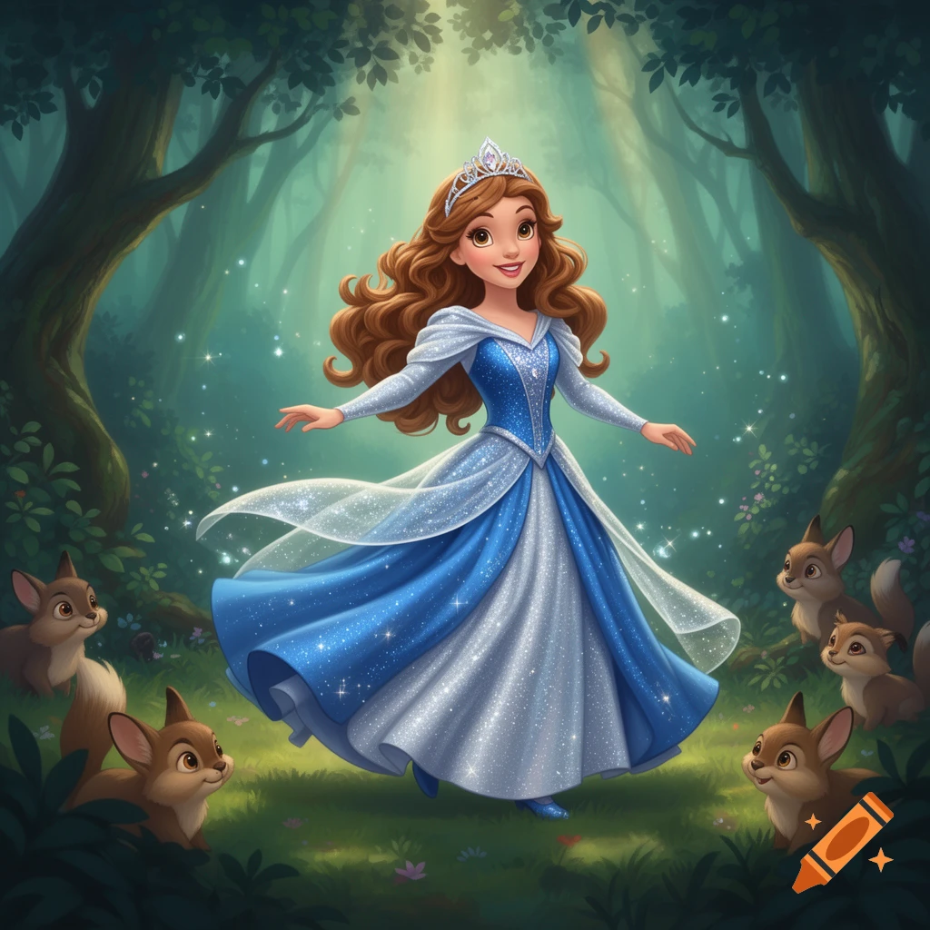 A Disney-style cartoon princess in a sparkling blue gown and tiara dances in a sunlit enchanted forest, surrounded by cute forest animals.