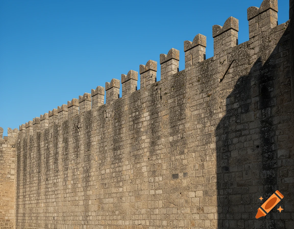 A long, textured stone castle wall with crenellated battlements under a clear blue sky.