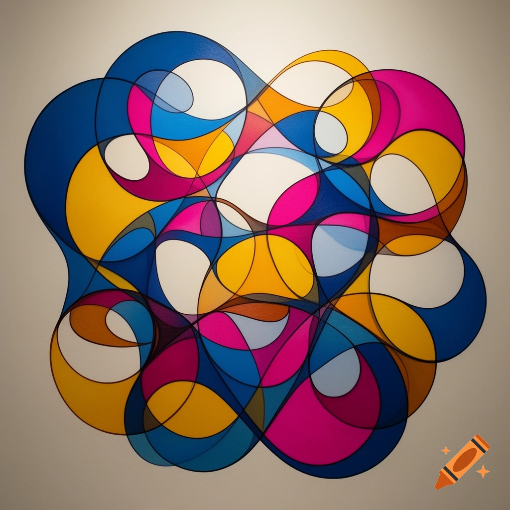 Abstract composition of intertwined blue, yellow, and magenta organic and circular shapes with black outlines on a light background.