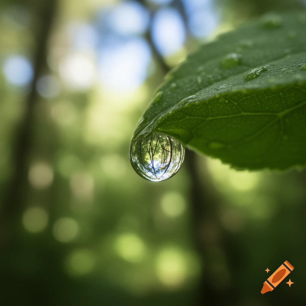Close-up of a glistening water droplet on a green leaf, reflecting trees and blue sky, with a blurred green background.