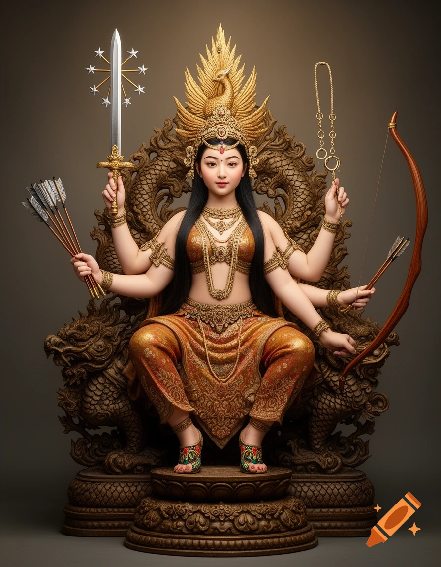 A multi-armed woman in golden attire and a phoenix crown sits on an ornate dragon throne, holding a sword, bow, arrows, and chain.