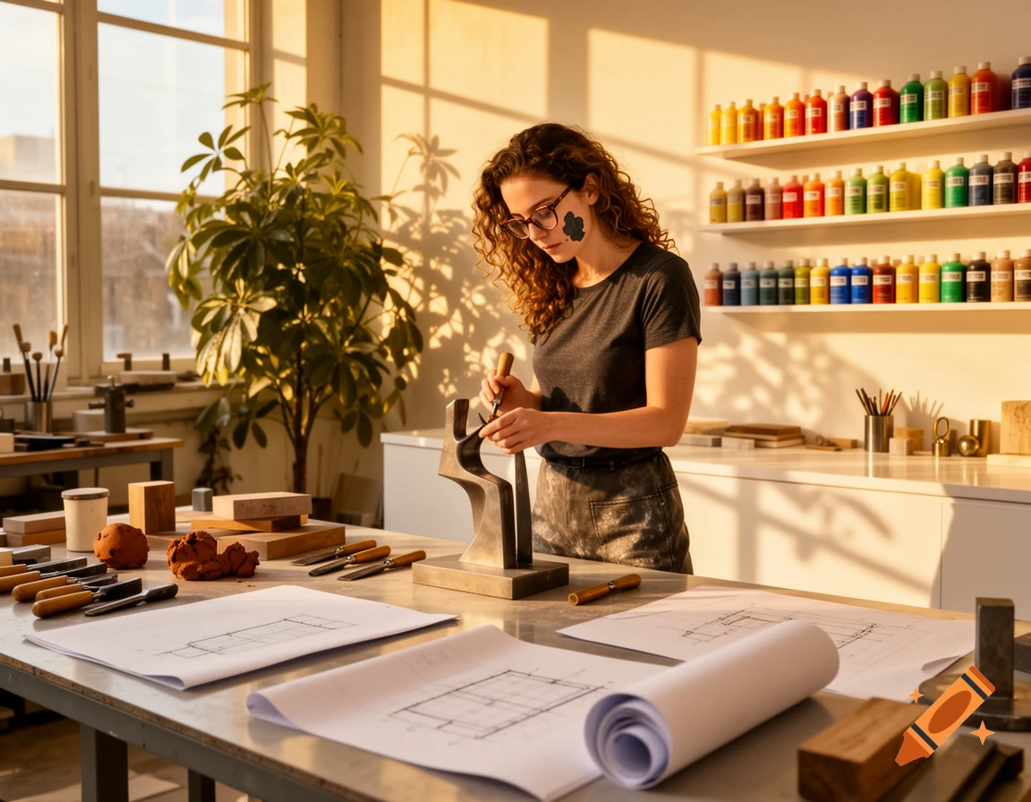 A woman sculpts a modern metal piece in a sunlit artist's studio, surrounded by tools, blueprints, and colorful paints.