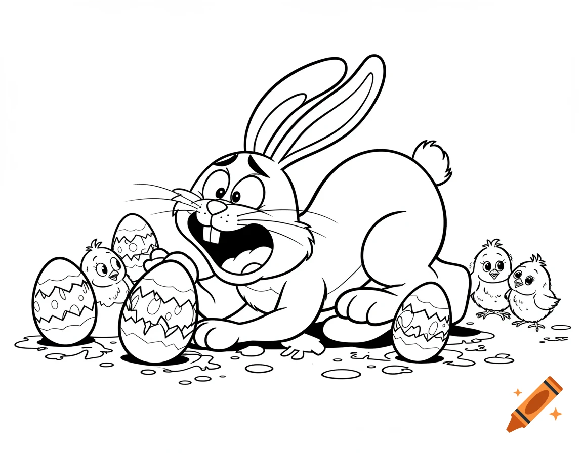 A black-and-white cartoon coloring page shows a surprised Easter bunny collapsed among messy eggs, with two mischievous chicks peeking.