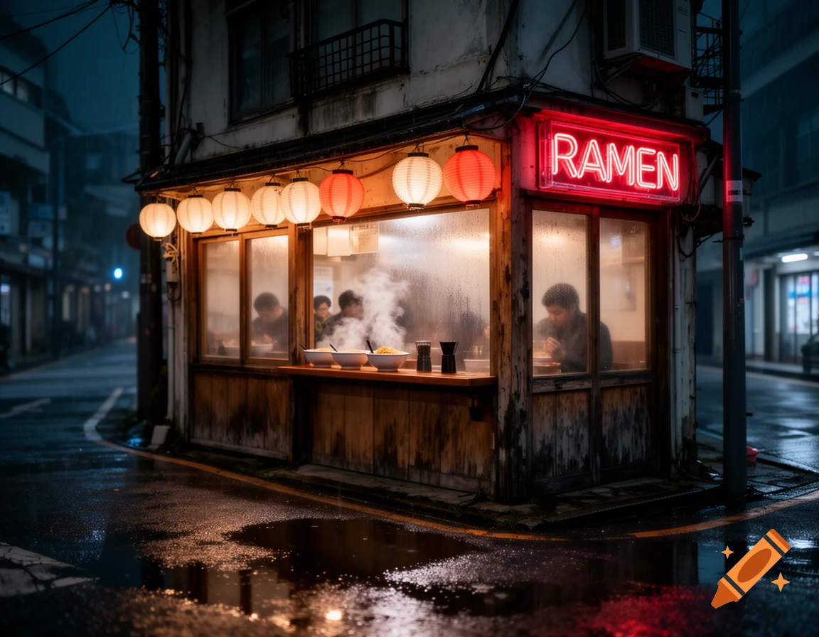 A lofi ramen shop with a red neon "RAMEN" sign and glowing lanterns on a wet city street at night, with people eating inside.