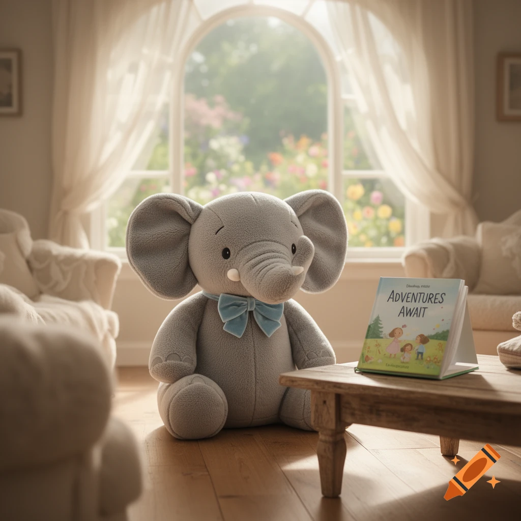 A plush grey elephant toy with a blue bow tie sits on a wooden floor next to a book titled 'Adventures Await' in a sunlit room.