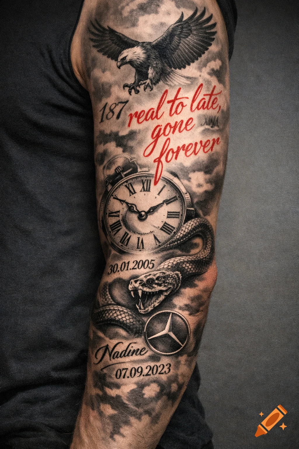 A detailed sleeve tattoo on an arm features an eagle, pocket watch, snake, and a Mercedes-Benz logo, with various dates and text.