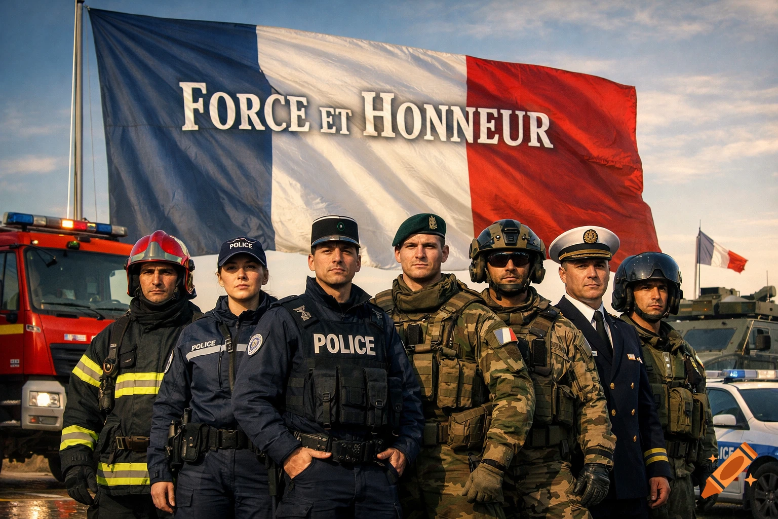 A diverse group of French firefighters, police, and military personnel stand proudly in uniform before a large French flag with the motto "FORCE ET HONNEUR" under a dramatic sky. Various emergency vehicles are in the background.