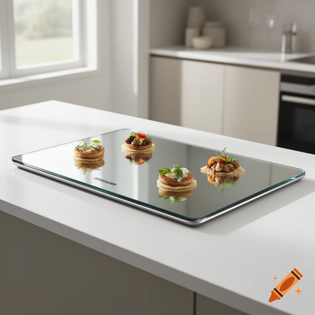 Four small appetizers on a reflective Samsung serving tray in a modern kitchen with a large window.