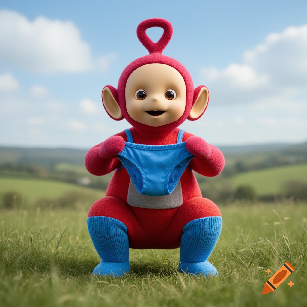A hyperrealistic red Teletubby squats in a grassy field, holding up blue underwear.