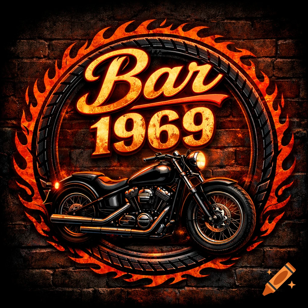 A retro-style 'Bar 1969' logo featuring a black motorcycle, orange flames, and a tire tread on a dark brick background.