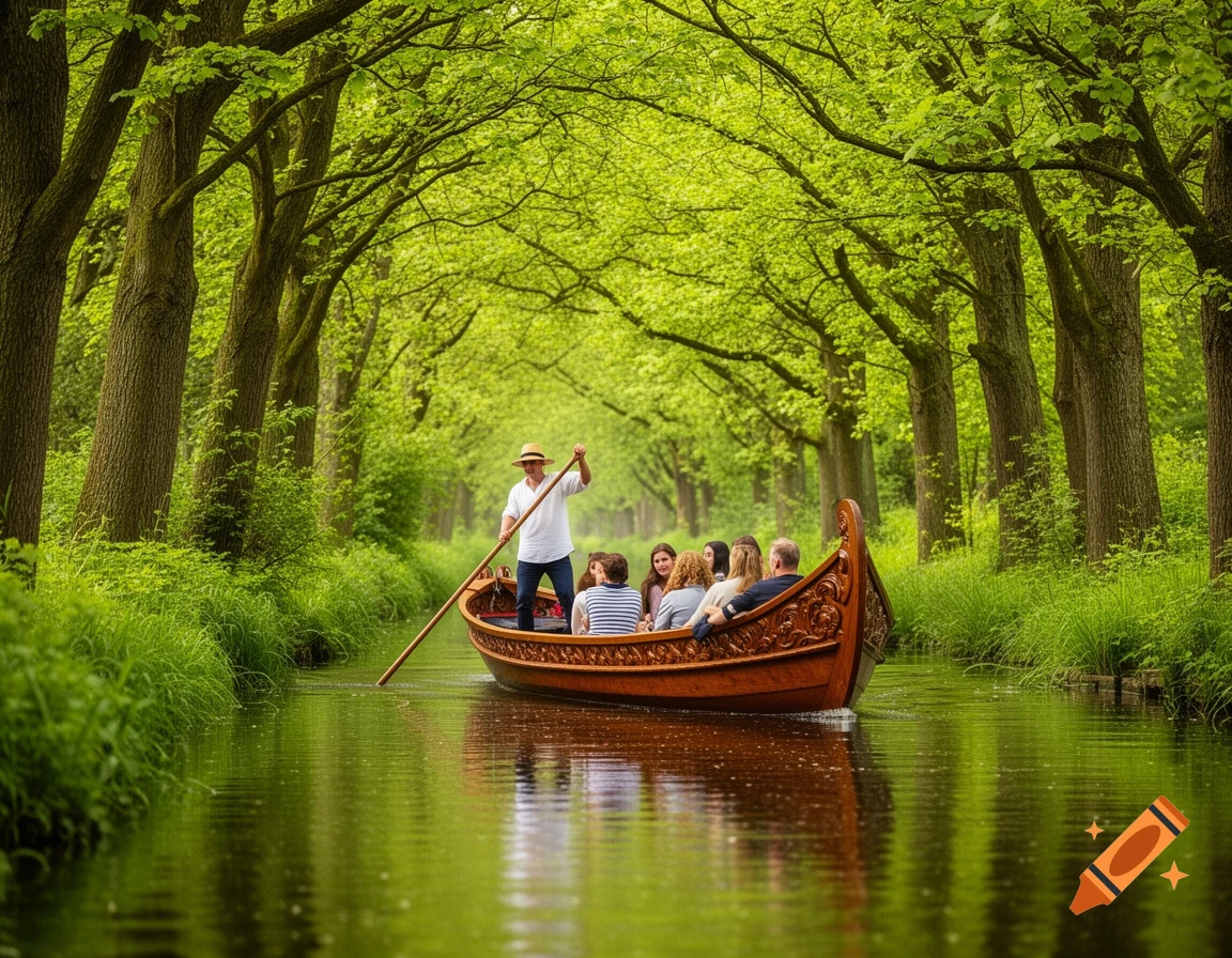 A man poles a traditional wooden boat carrying several passengers down a narrow, tree-lined canal with lush green foliage.