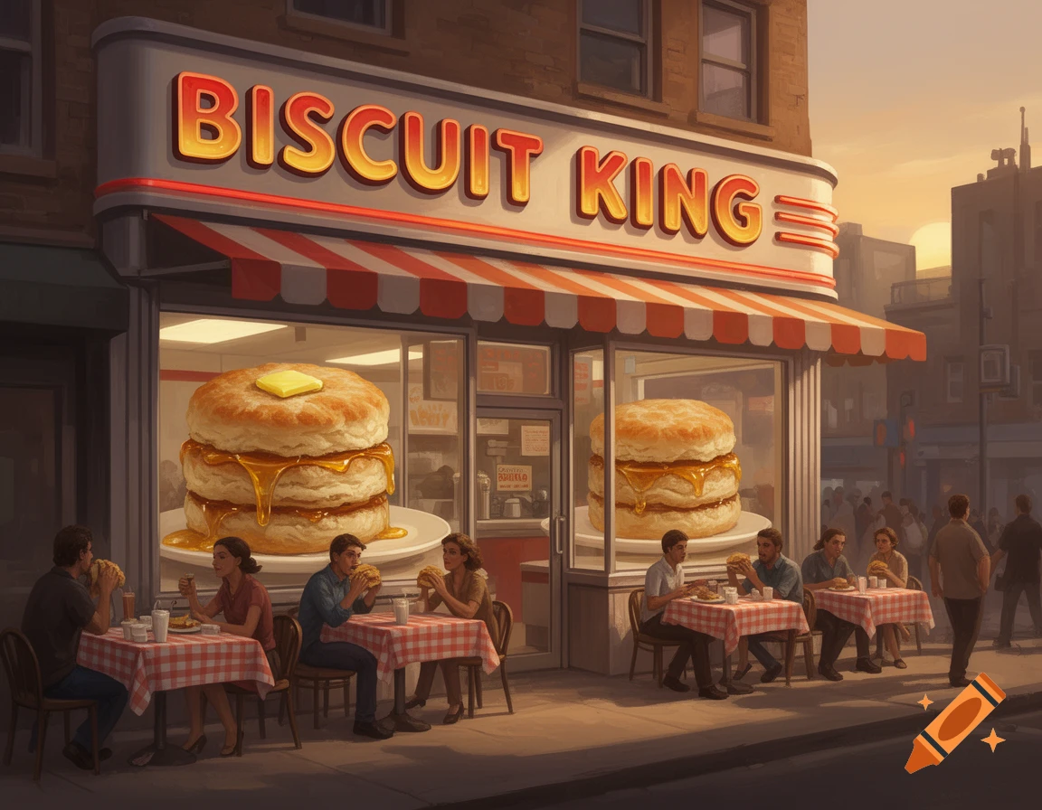 Illustrated street scene of 'Biscuit King' restaurant with patrons eating at outdoor tables and giant biscuits in window displays.