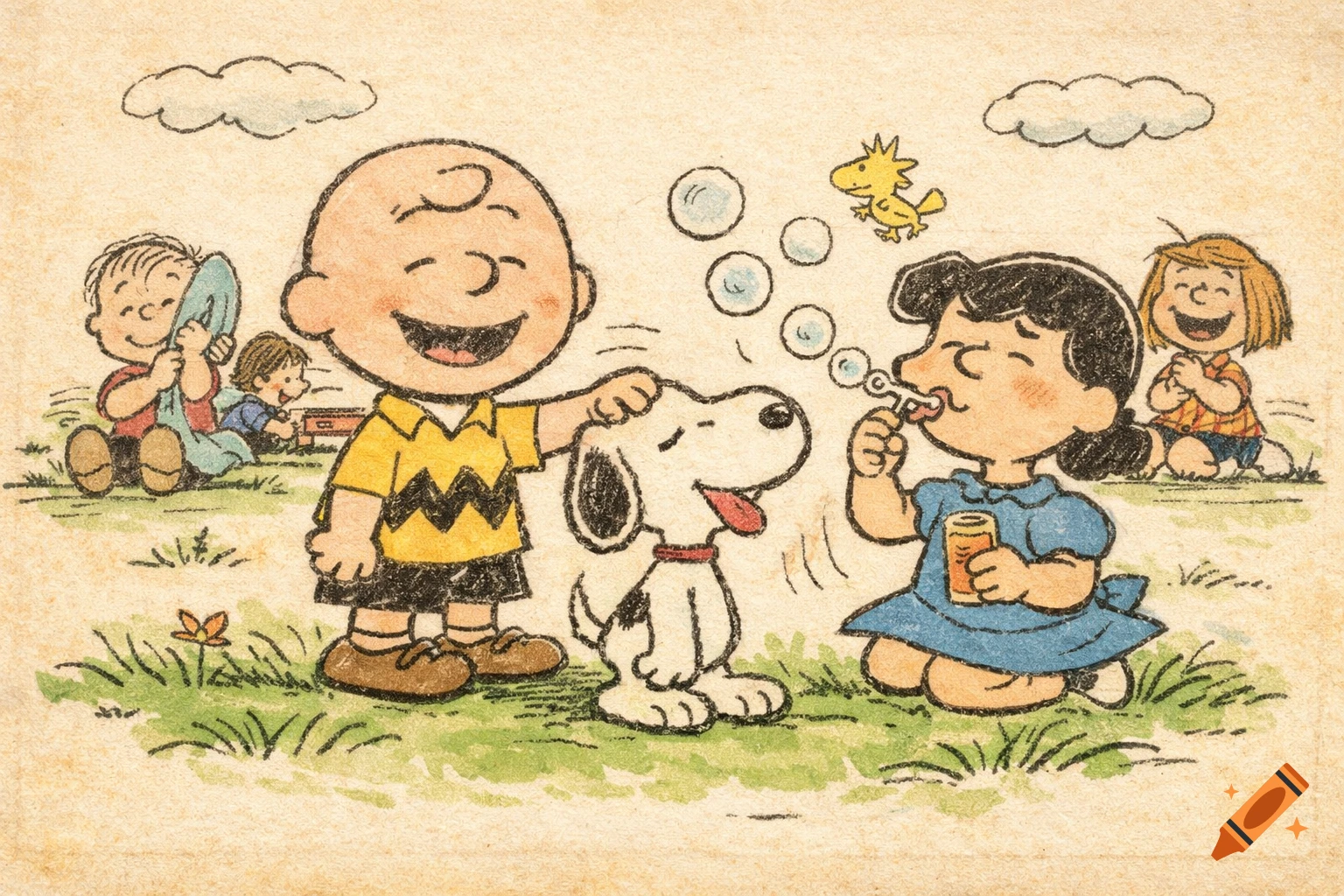 Charlie Brown petting Snoopy, Lucy blowing bubbles, Linus playing, and Sally laughing in a hand-drawn Peanuts comic style.