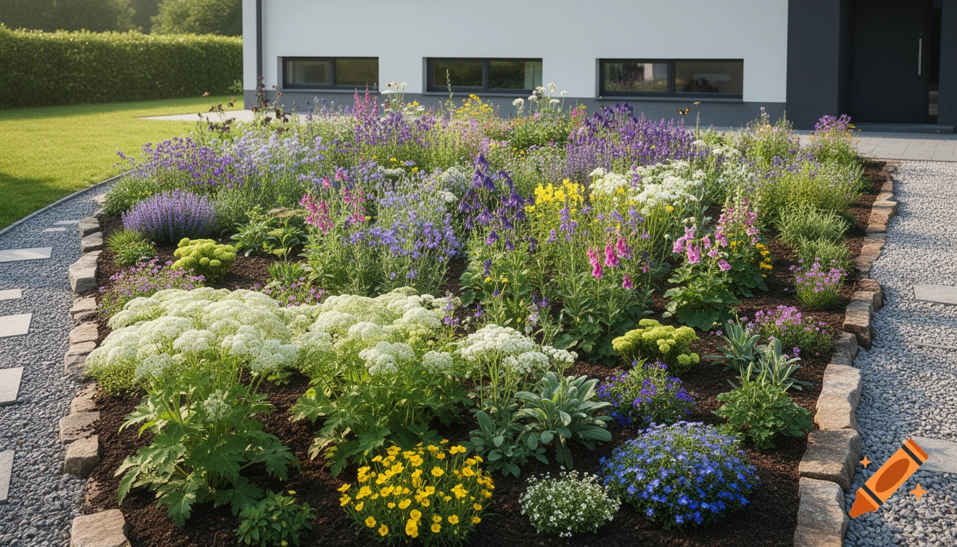 Vibrant photorealistic flower garden with diverse colorful blooms and gravel path in front of a modern white house.
