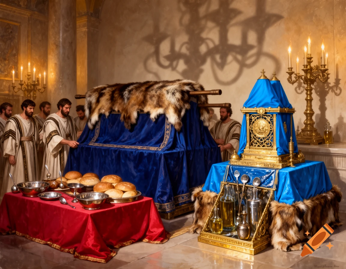 Men in ancient robes prepare a ceremonial ark covered in blue cloth and furs, with a table of shewbread and golden candelabras in a grand room.