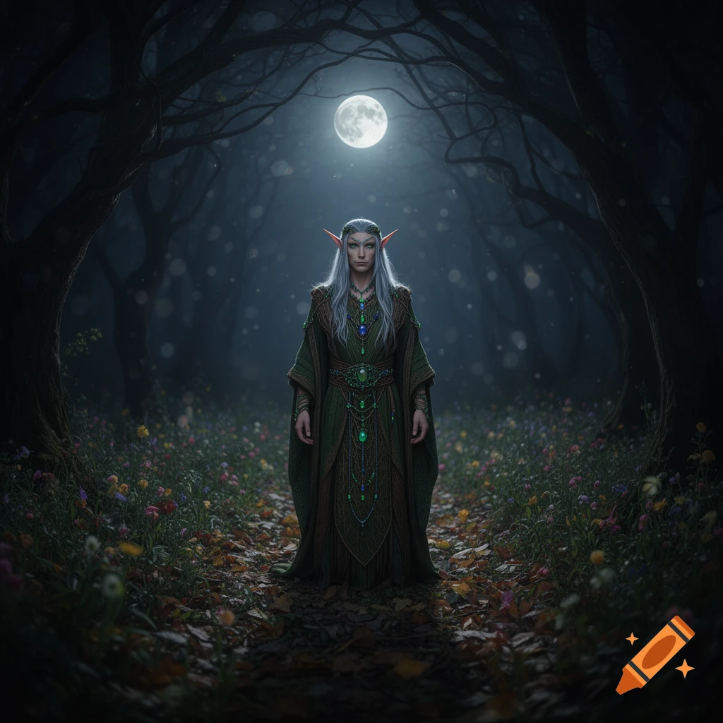 An elf with long white hair and green robes stands on a forest path under a bright full moon, surrounded by wildflowers.