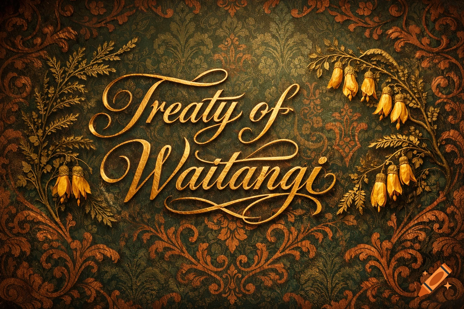 Golden script reads 'Treaty of Waitangi' on an ornate dark green and gold damask wallpaper background with floral accents.