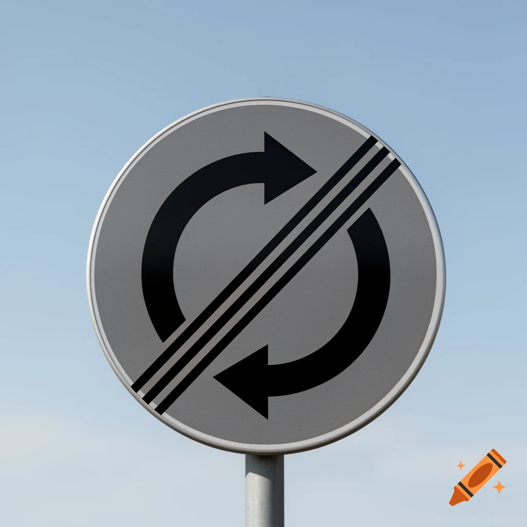 A round grey road sign with a black circular arrow symbol crossed out by three black diagonal lines, set against a clear blue sky.