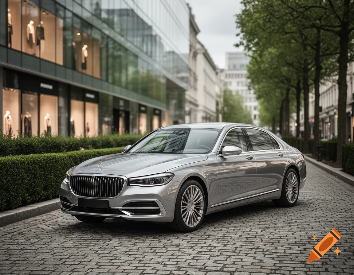 A silver luxury sedan parked on a cobblestone street in a city, with modern glass buildings and green trees in the background. Photorealistic.