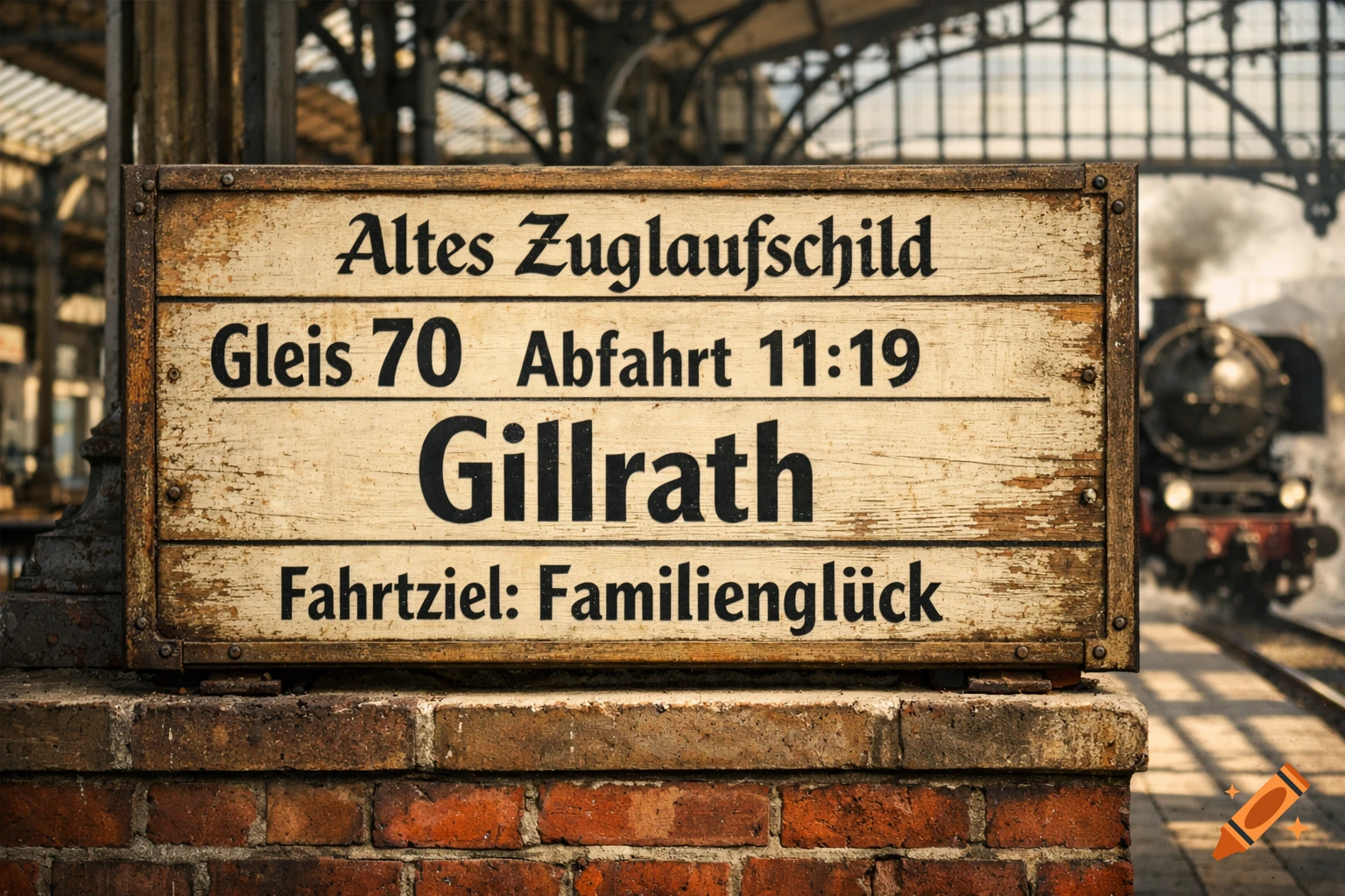 Photorealistic image of a vintage German train station sign on a brick wall, with a steam train at a platform in the background.