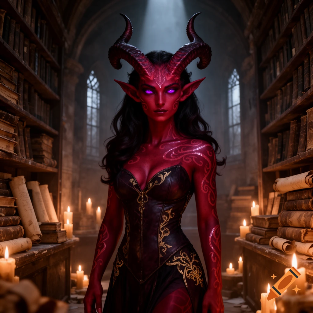 A red-skinned Tiefling with large horns and glowing purple eyes stands in a dimly lit, ancient library filled with books and candles.