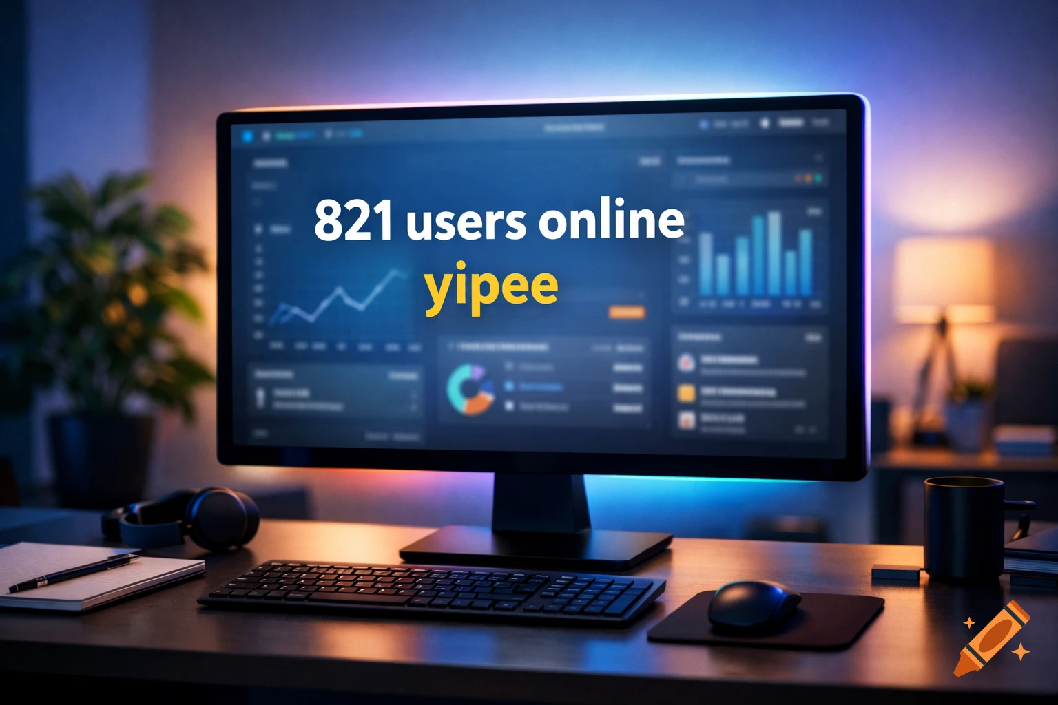 A close-up shot of a modern office desk with a computer monitor displaying a dashboard with "821 users online yipee" in large text. Headphones, a keyboard, mouse, and notebook are also on the desk.
