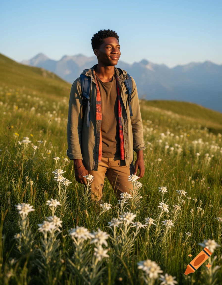 A young Black man stands smiling in a sunlit mountain meadow filled with white Edelweiss flowers, with distant peaks under a clear sky.