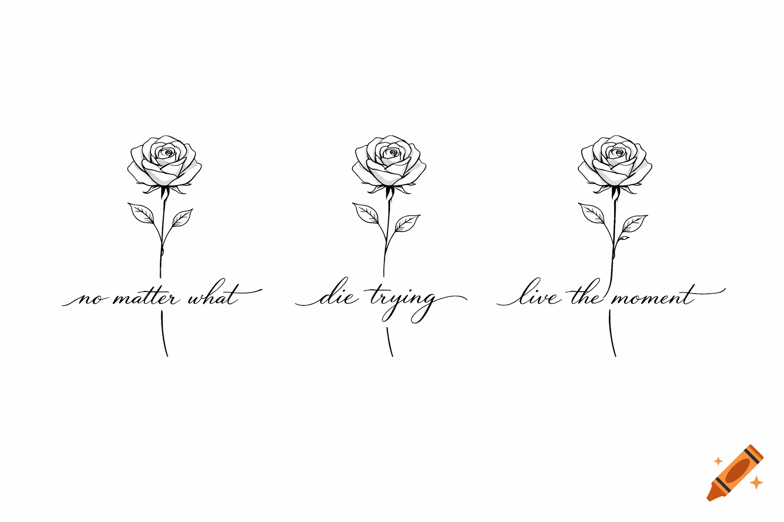 Three identical fine-line black ink rose designs with elegant cursive text as stems: 'no matter what', 'die trying', 'live the moment', on a white background.