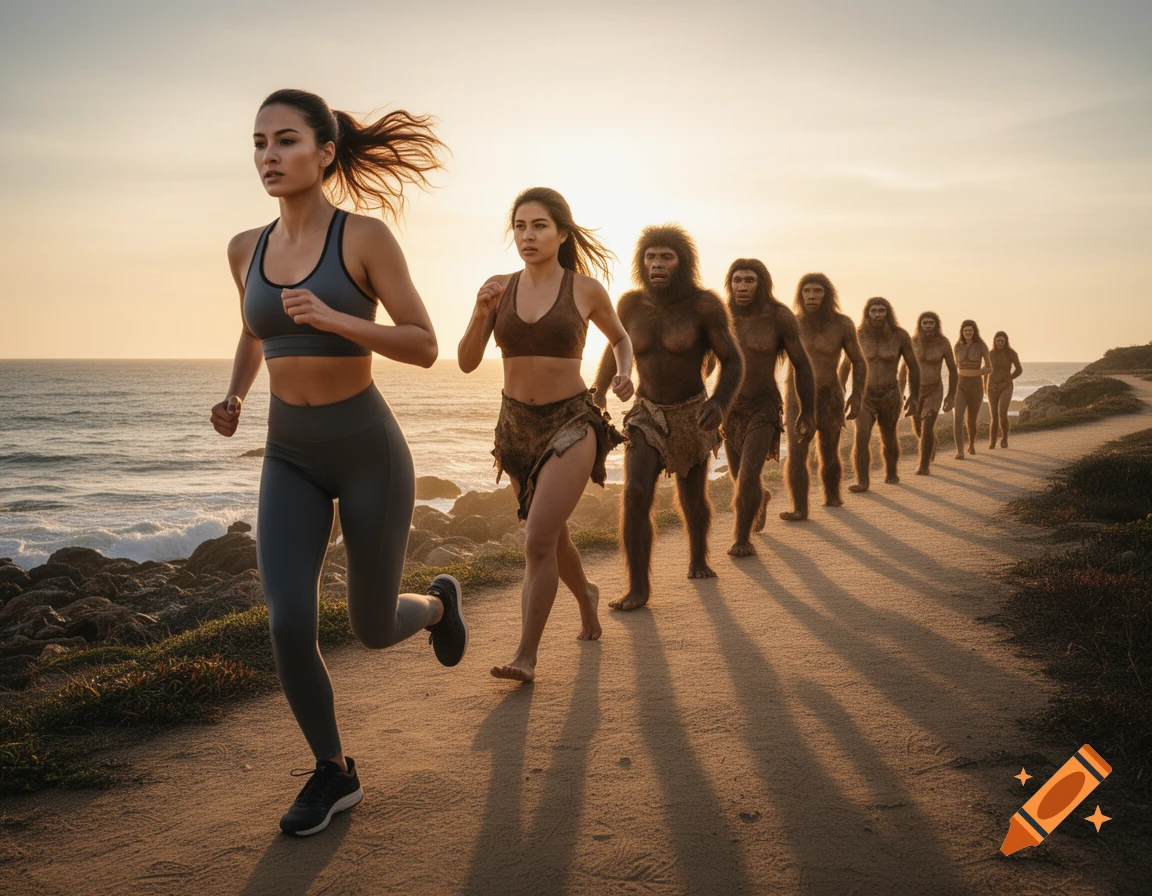 A modern woman runs on a coastal path, followed by another woman in primitive attire, and then a line of early hominids, at sunset.