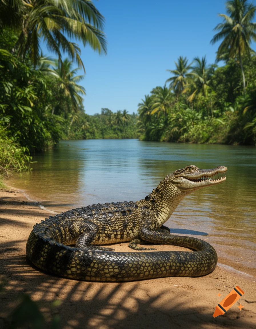 A crocodile-snake hybrid coils on a sandy riverbank surrounded by lush tropical vegetation under a clear blue sky.