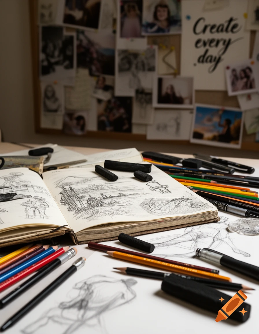 A detailed, photorealistic close-up of an artist's desk with an open sketchbook, charcoal, colored pencils, and an inspirational corkboard.