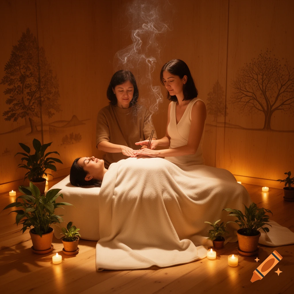 Two women perform reiki on a third woman in a warm room with candles and plants, with smoke rising.