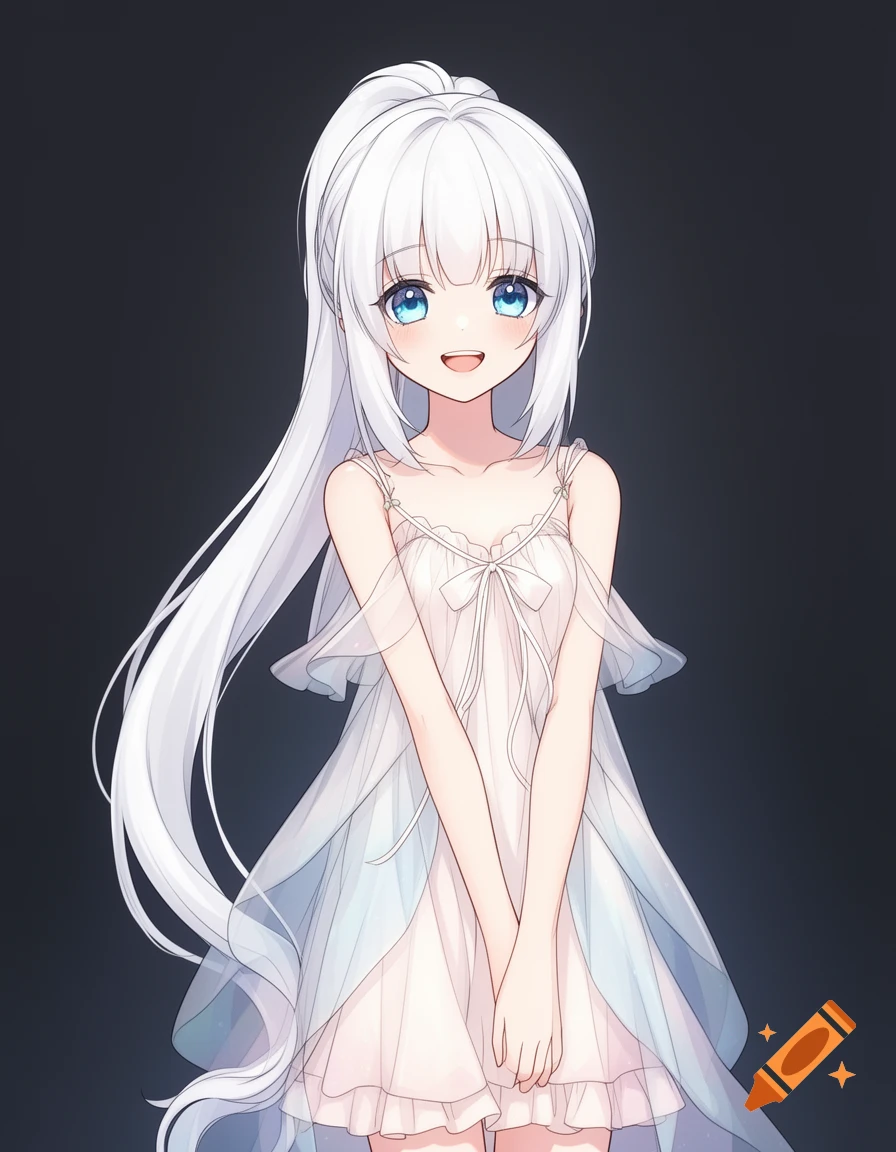 Anime girl with long white hair in a high ponytail, blue eyes, wearing a light, ruffled dress, smiling.