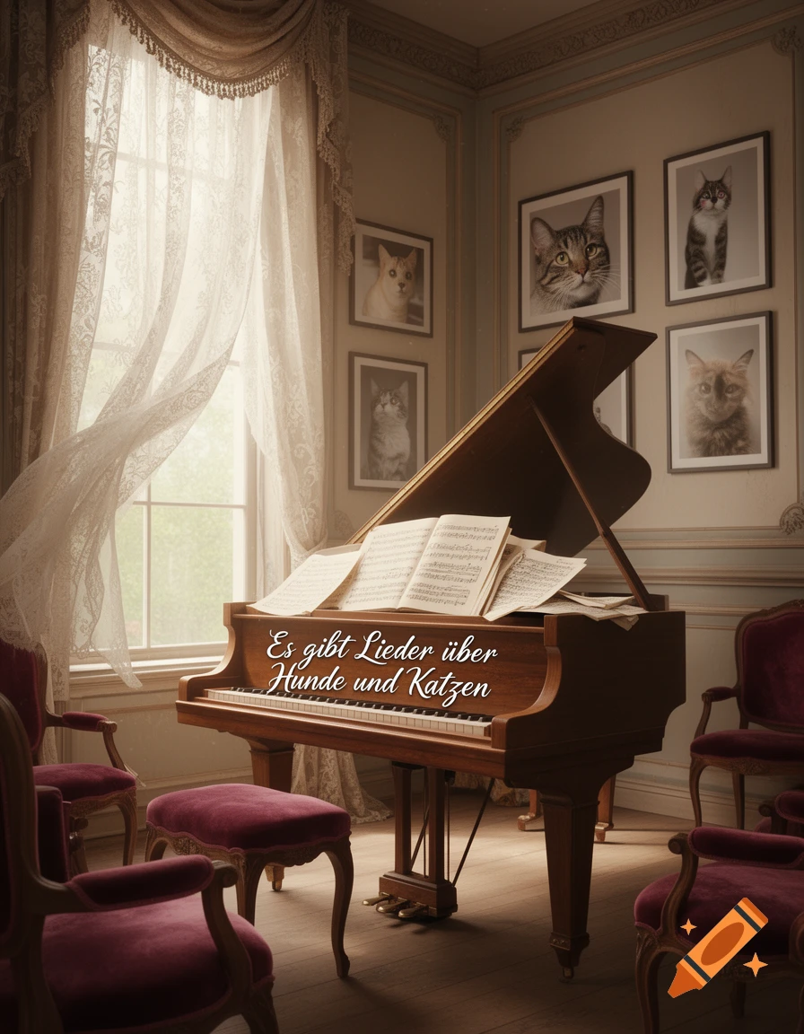 A grand piano with sheet music in an elegant room, featuring framed cat portraits on the wall, burgundy chairs, and an overlay text.